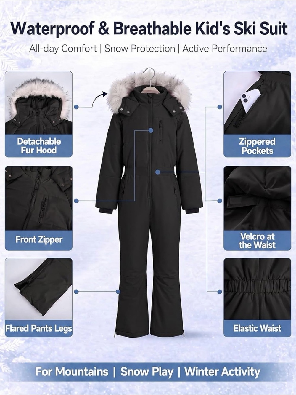 Kids Waterproof Breathable Ski Suit with Detachable Fur Hood - Black